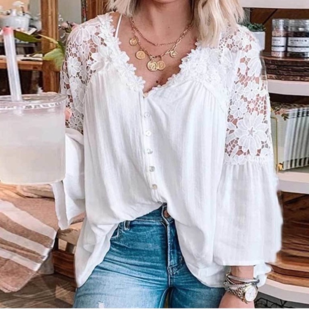 boho white v neck embroidered floral button up top - Picture 1 of 4